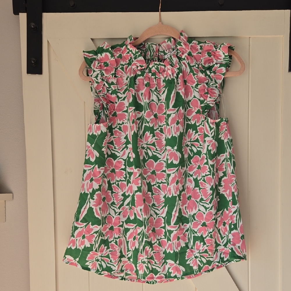 Staccato Green Blouse with Pink Floral Ruffles